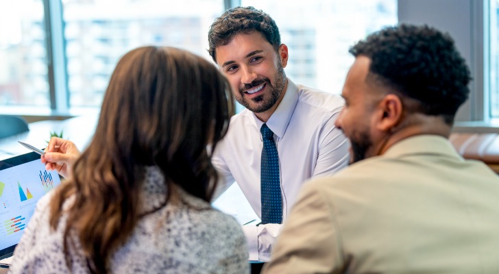 A financial advisor explaining to clients how they should rebalance their investment portfolio.