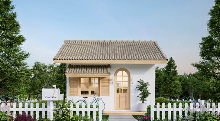 A tiny home with a white picket fence that has appreciated in value.