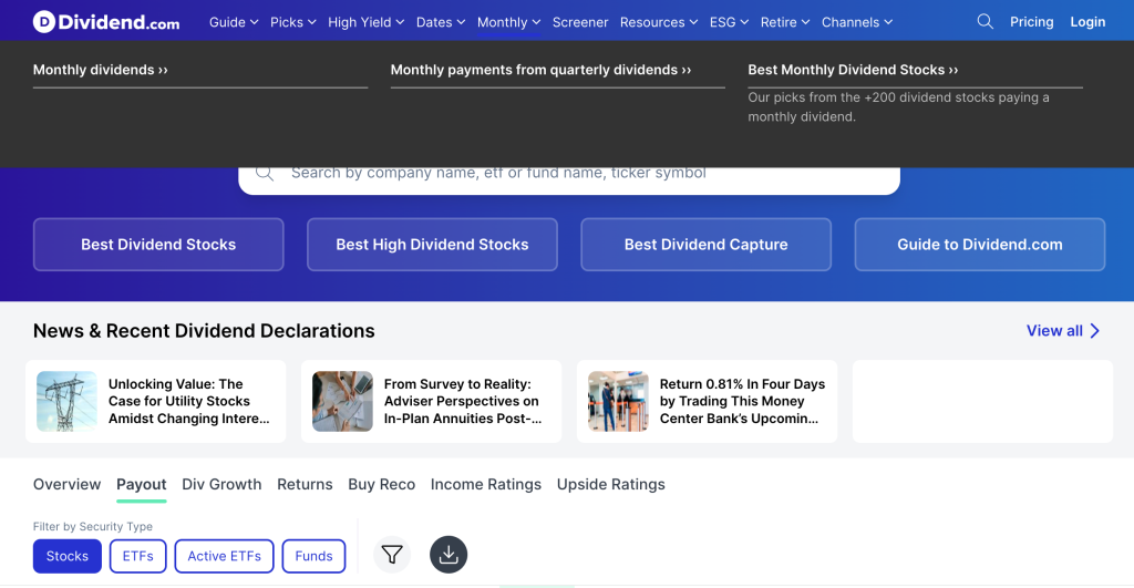 Dividend.com homepage.