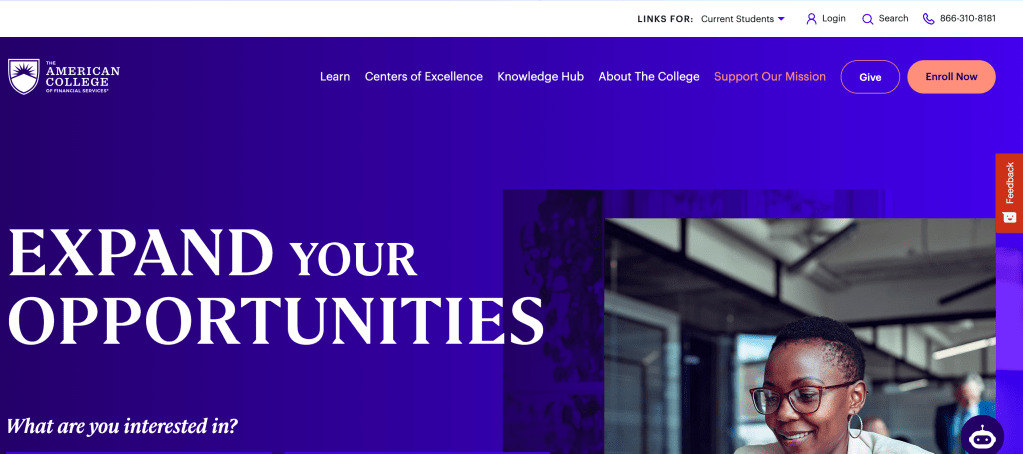 Homepage for the American College of Financial Services.