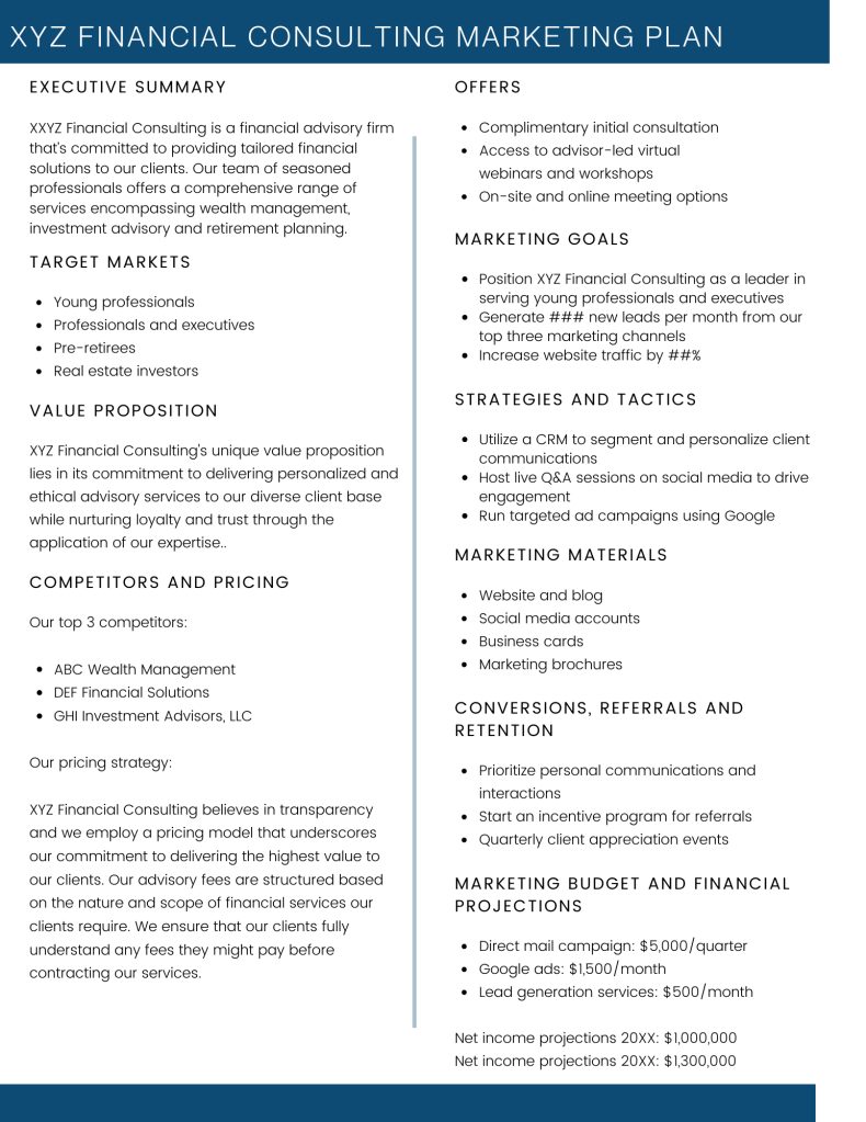 Example of a financial advisor marketing plan.