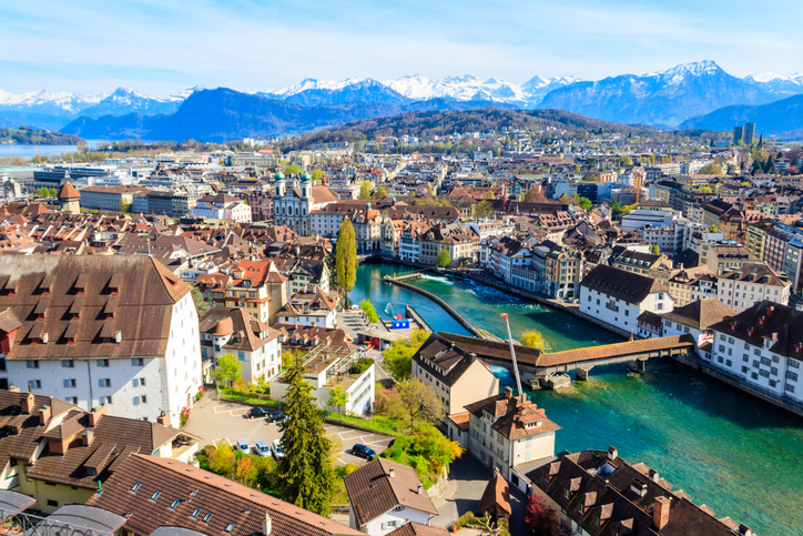 View of the Reuss river and old town of Lucerne (Luzern) city, Switzerland.