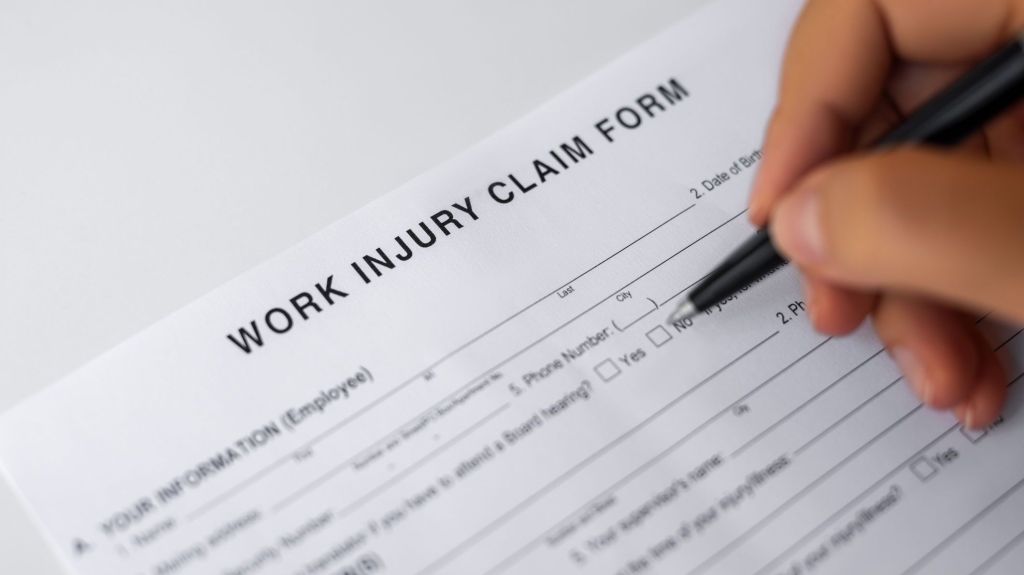 A worker who was injured on the job fills out paperwork to file for benefits.