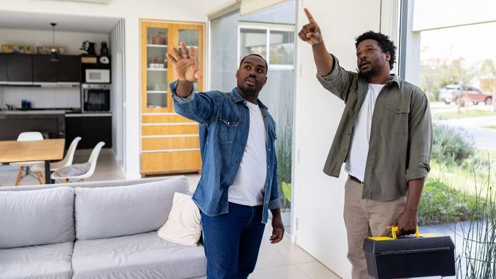 A landlord talks with a maintenance worker about a repair that needs to be done in an apartment unit he owns.