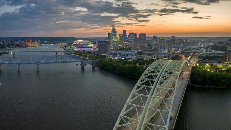 An aerial shot of the Cincinnati skyline.