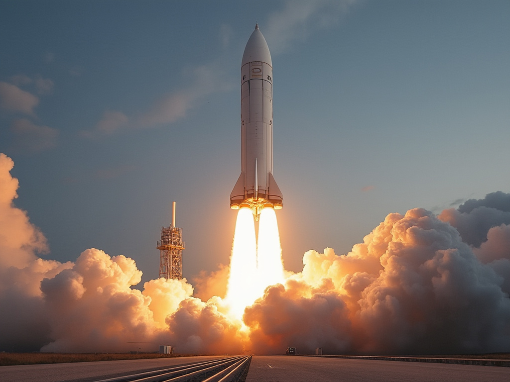 Closeup of a rocket blasting into space.