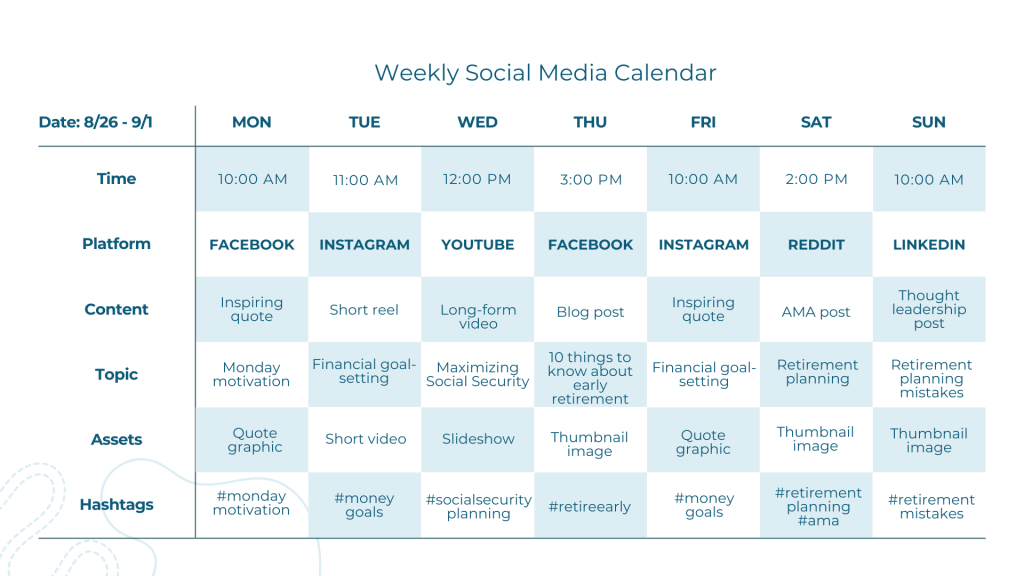 Sample of a weekly social media calendar.