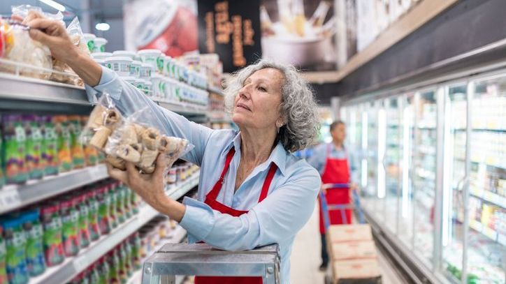 A woman in her 60s stocks shelves at her job at a grocery store.
