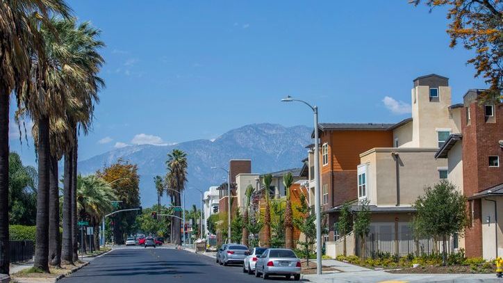 Day time ground level view of a residential neighborhood in Ontario, California.