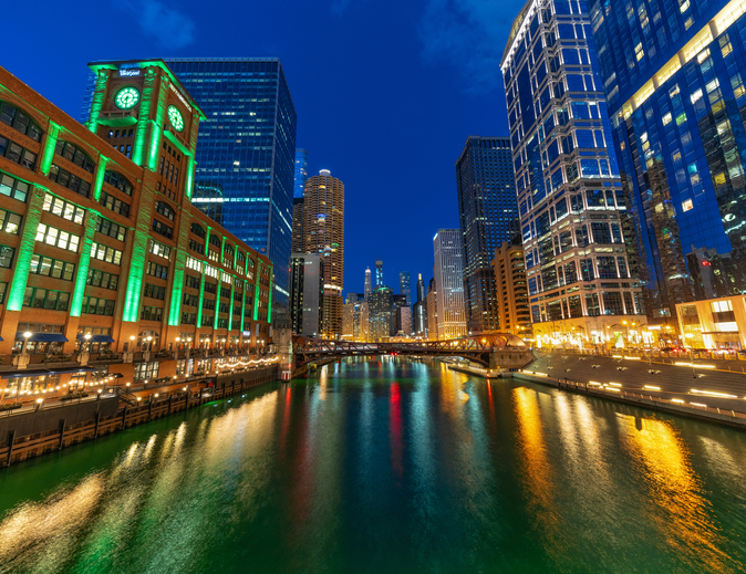 Riverwalk at twilight in Chicago, illinois.
