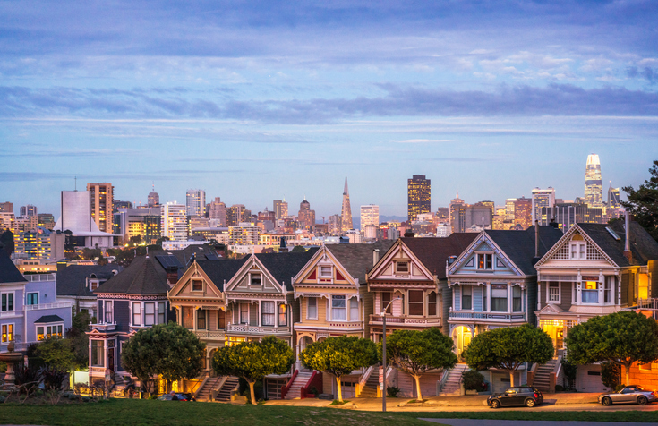 A row of traditional Victorian style townhouses in San Francisco, known as the Painted Ladies.
