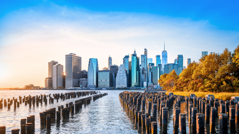 The skyline of lower Manhattan in New York during sunset.