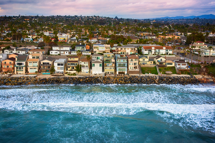 A row of beach front homes in northern San Diego County, California - the city of Carlsbad.