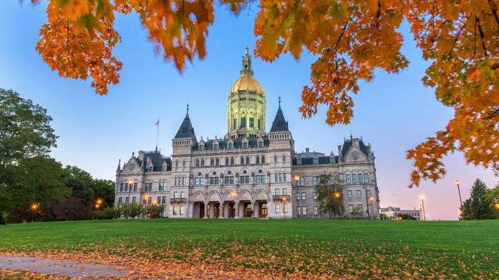 The Connecticut State Capitol in Hartford during autumn.