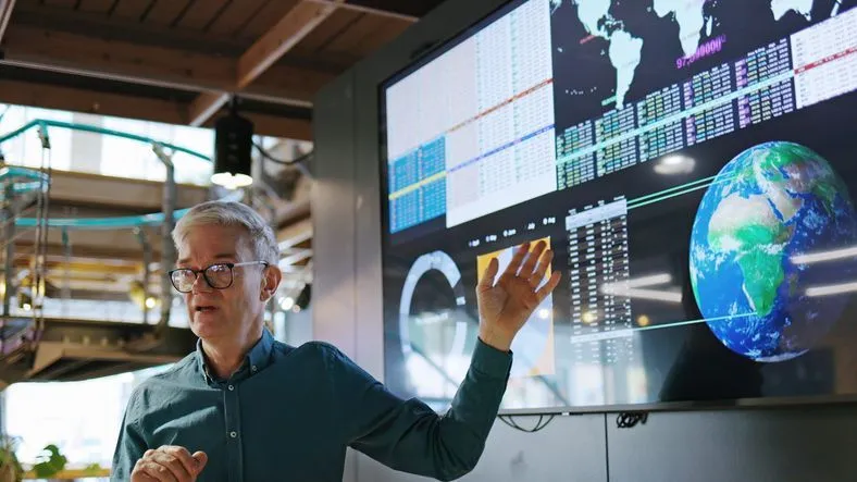 A man gives a business presentation in font of a large monitor displaying graphs and a map of Earth..