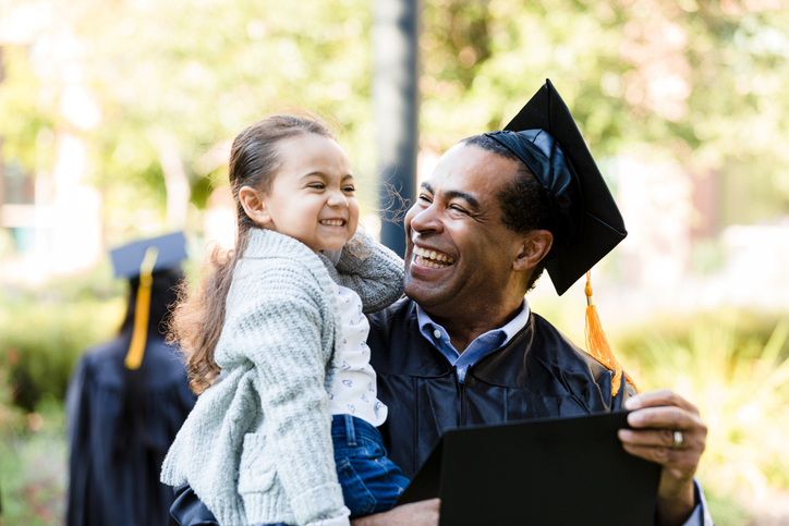 A college graduate celebrates with their family.