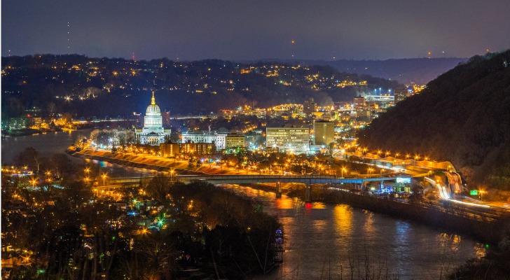 The Charleston, West Virginia skyline at night.