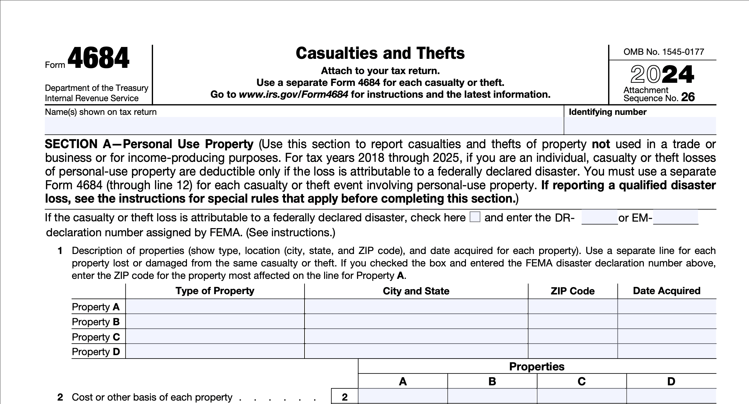 Closeup of Form 4684 from the Department of the Treasury Internal Revenue Service.