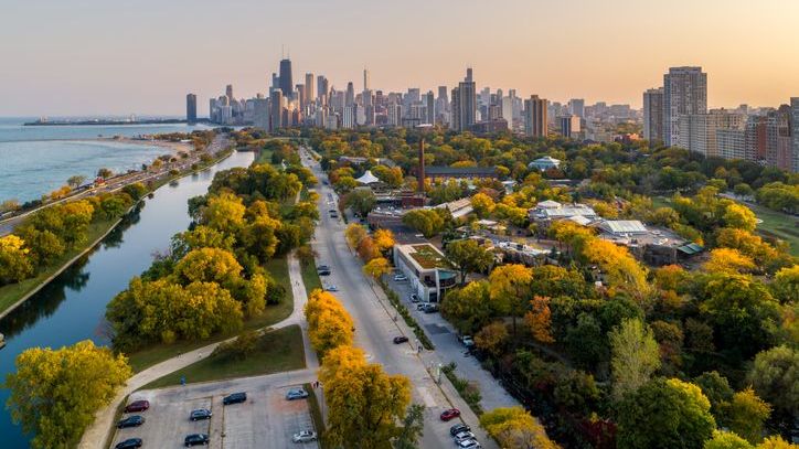 An aerial view of Chicago in autumn.