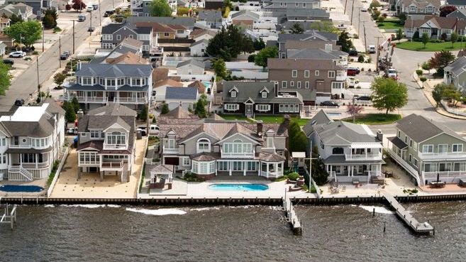 An aerial view of large homes on Barnegat Bay in New Jersey.