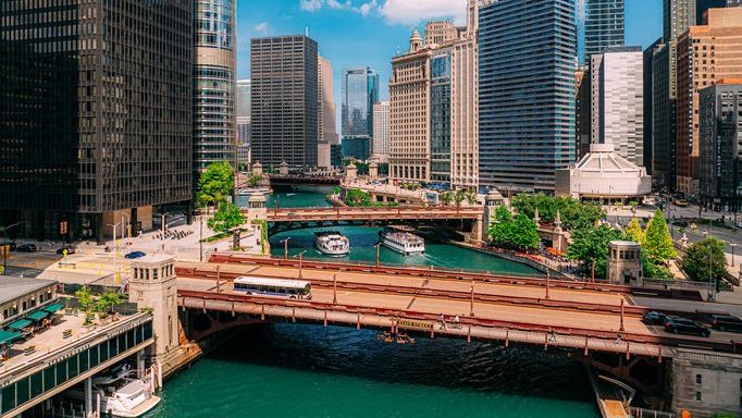 An aerial view of the State Street Bridge on the Chicago Riverwalk in summer.