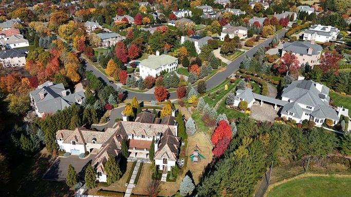 An aerial view of large mansions in a wealthy New Jersey neighborhood.