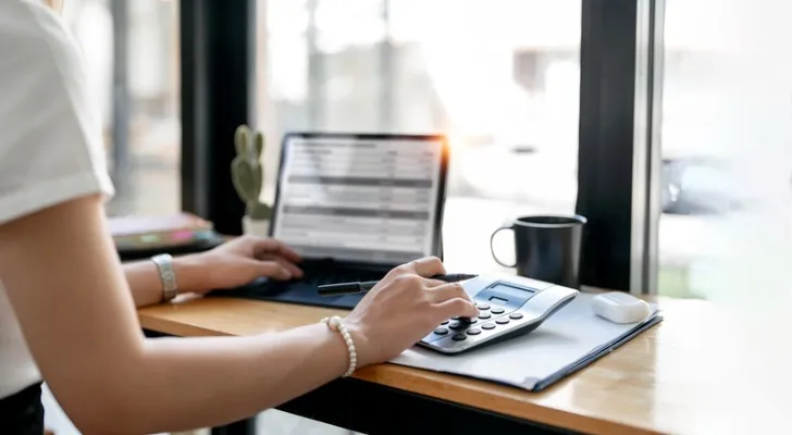 A close-up of a woman working on a tablet and calculator.