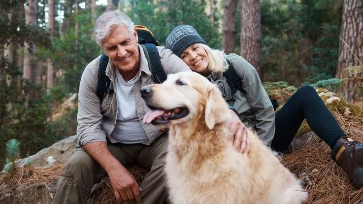 A couple takes a break during a forest hike with their dog.