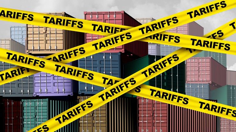 Concept art showing cargo containers stacked on top of each other behind yellow "Tariffs" tape.
