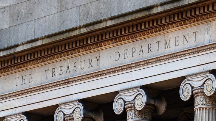 An exterior shot of the United States Treasury Department.