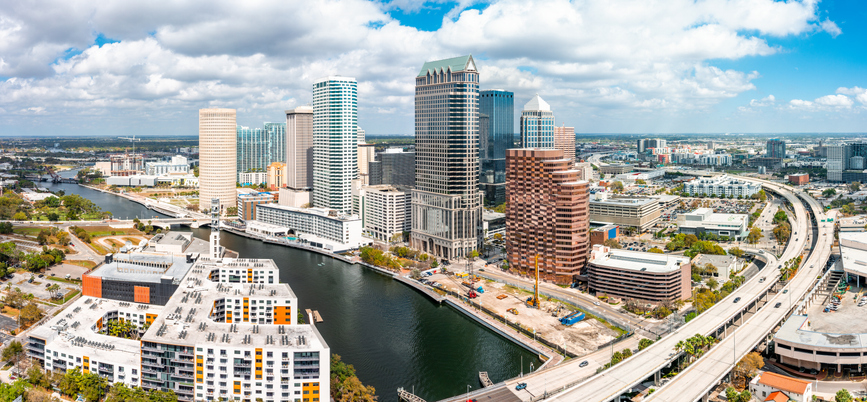 Aerial panorama of Tampa, Florida skyline. Tampa is a city on the Gulf Coast of the U.S. state of Florida.